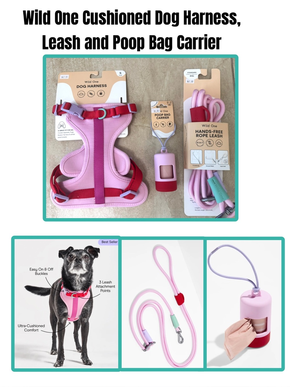 Wild One Cushioned Dog Harness, Leash and Poop Bag Carrier